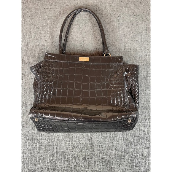 Kate Spade New York Handbags - Kate Spade Black Croc Embossed Patent Leather Tote Bag Shoulder Purse Gold Logo